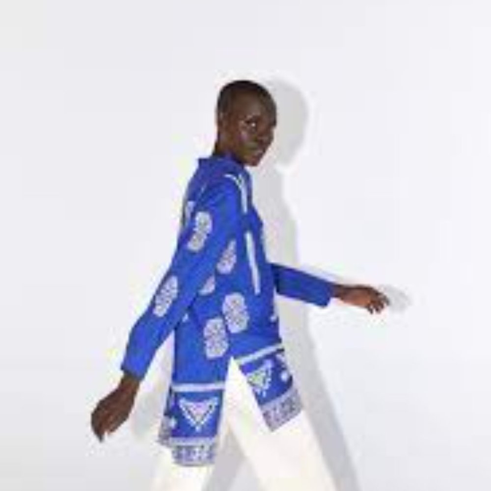 ZARA Embroidered Cotton Tunic Hi Lo Hem Blue with White Sz L/XL - Picture 5 of 13